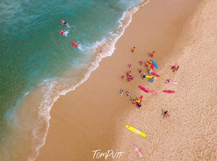 Aerial view of the seashore with many people enjoying, Portsea Back Beach Surf Lifesaving - Mornington Peninsula VIC