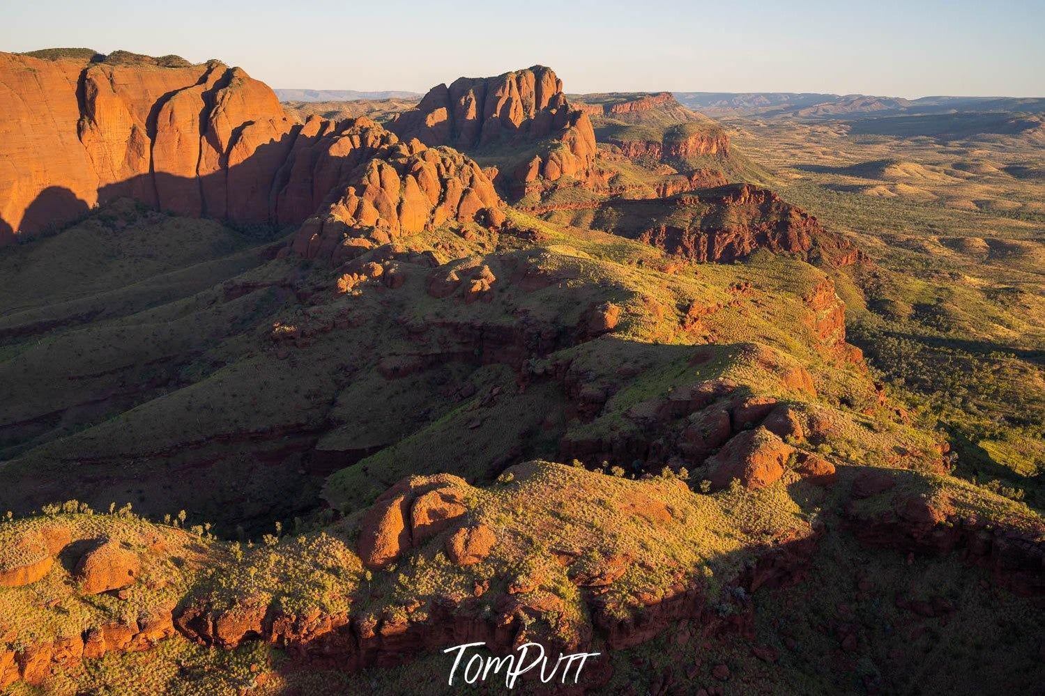 Aerial view of long mountain walls with unique cutting, Ragged Range #14, The Kimberley, Western Australia