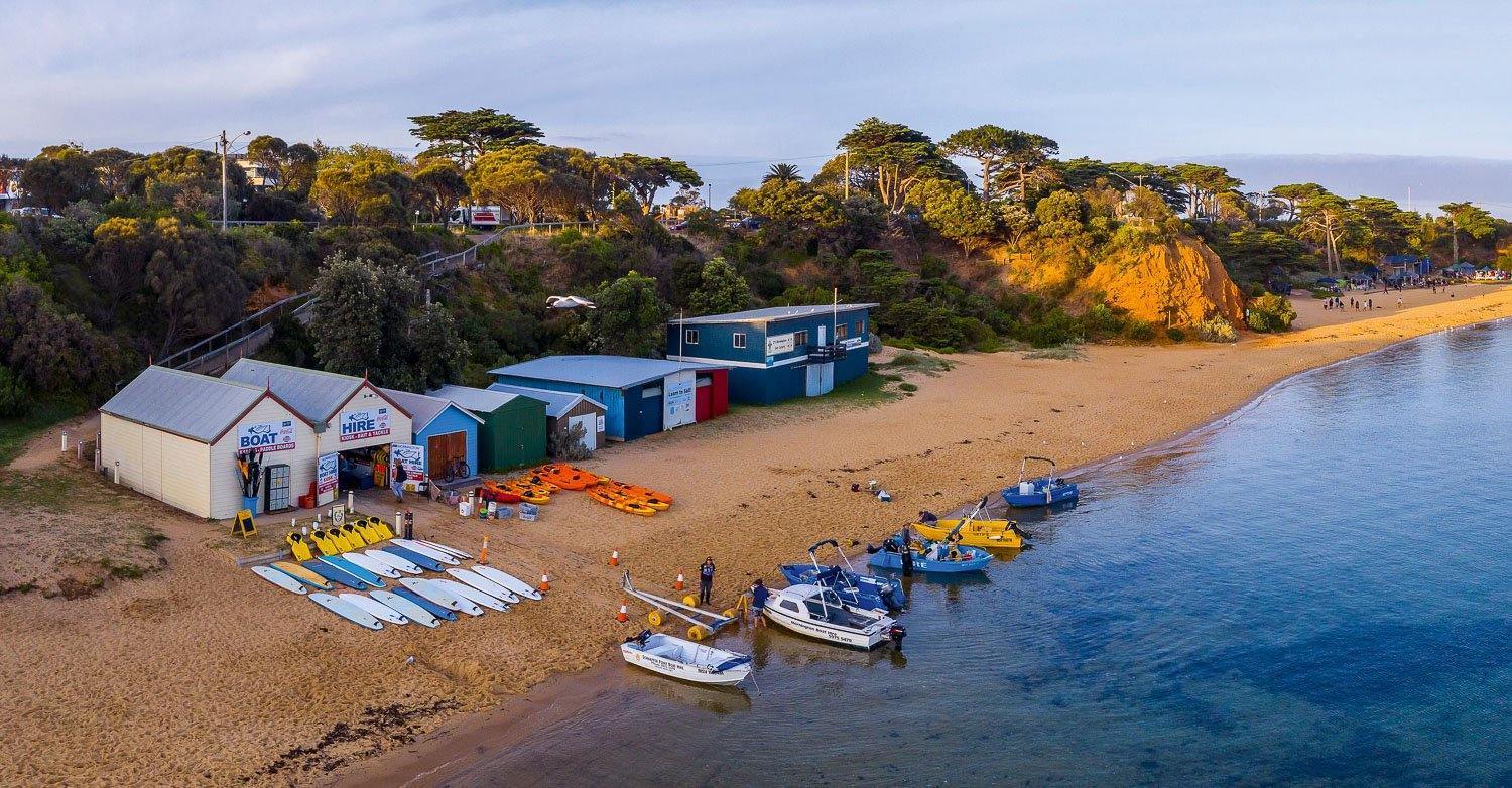 Aerial view of beautiful lake with some houses and boats on the shore, Ready to Go, Mornington - Mornington Peninsula VIC