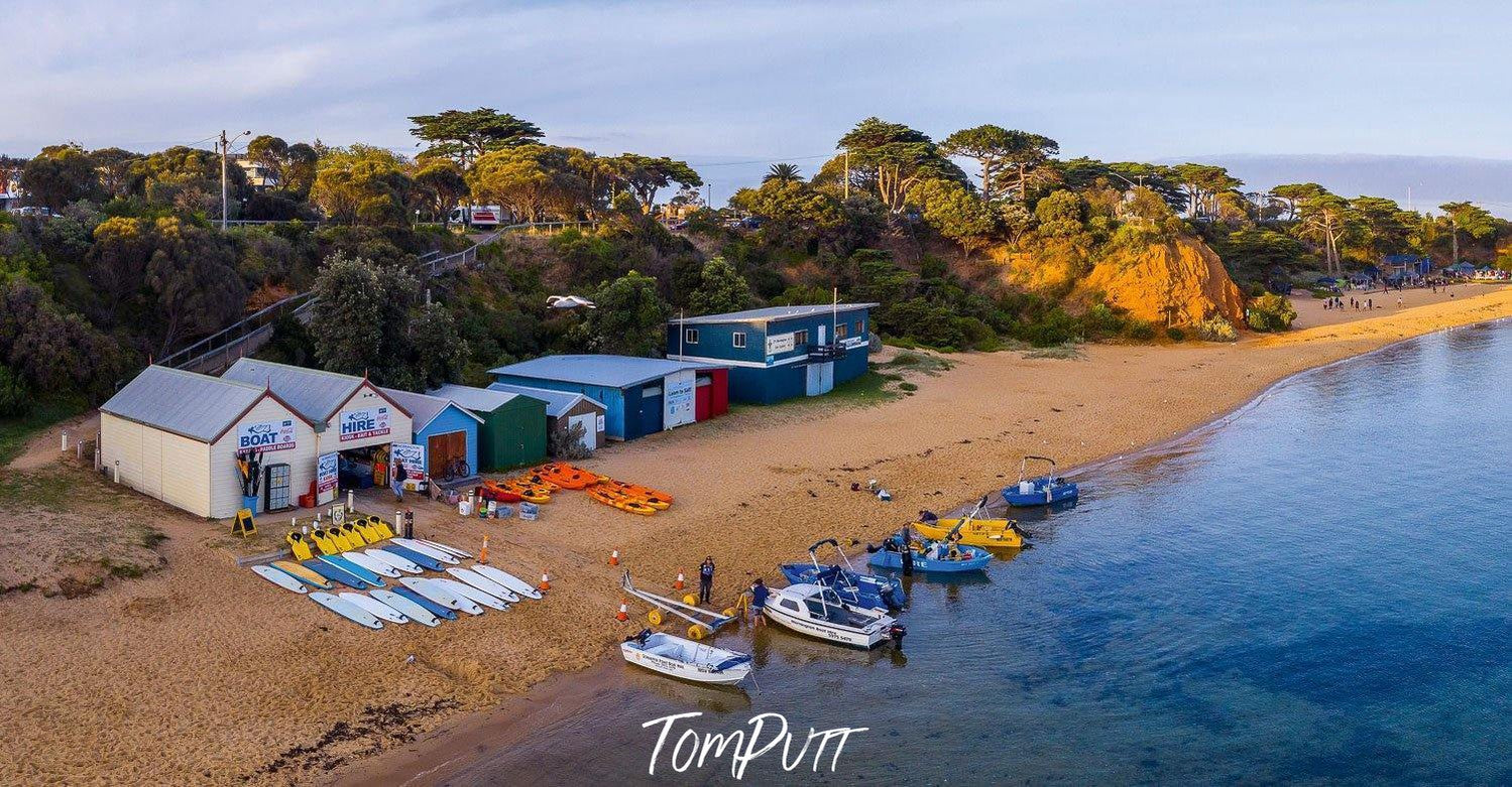 Aerial view of beautiful lake with some houses and boats on the shore, Ready to Go, Mornington - Mornington Peninsula VIC