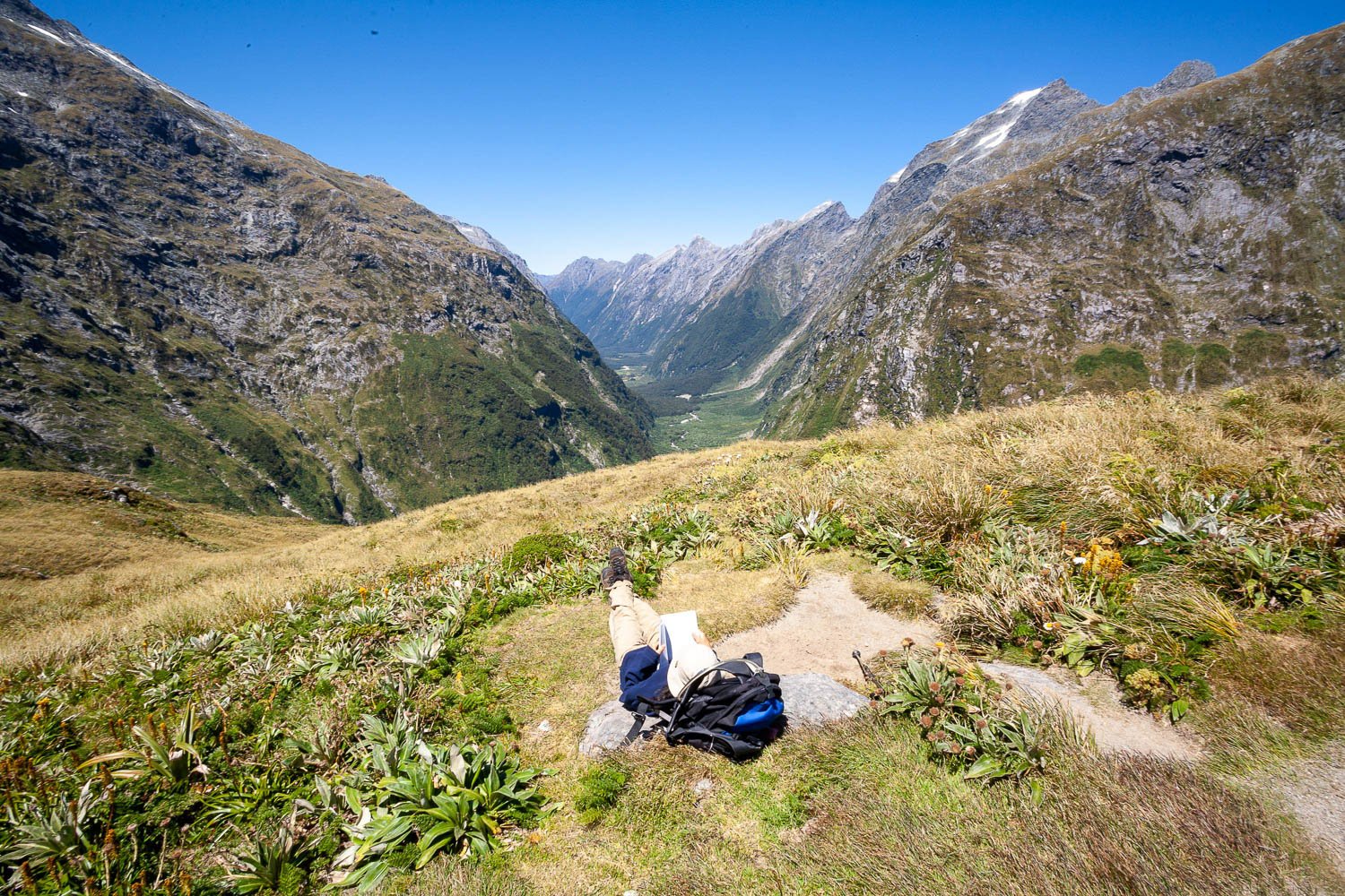 A green mound with some massive green rocks behind, Relaxing at the Clinton Valley, Milford Track - New Zealand