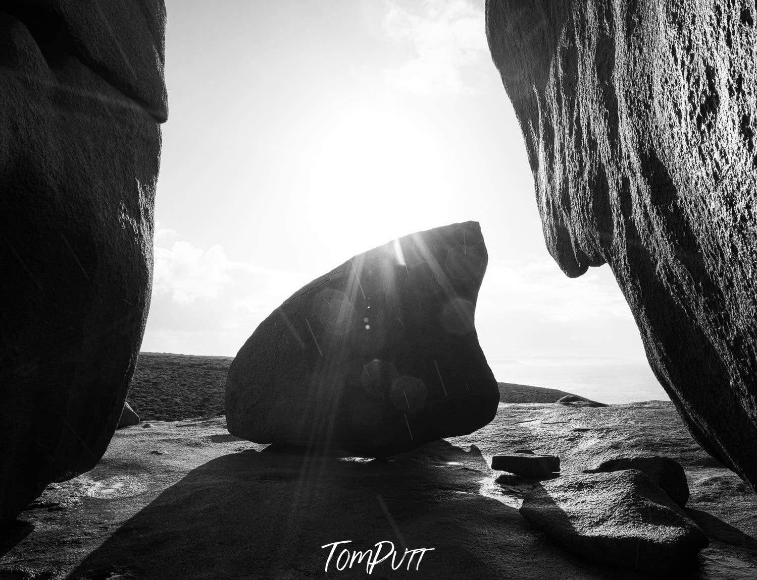 A large stone standing between two open ends rocky mountain walls, Remarkable Rocks #16 - Kangaroo Island SA