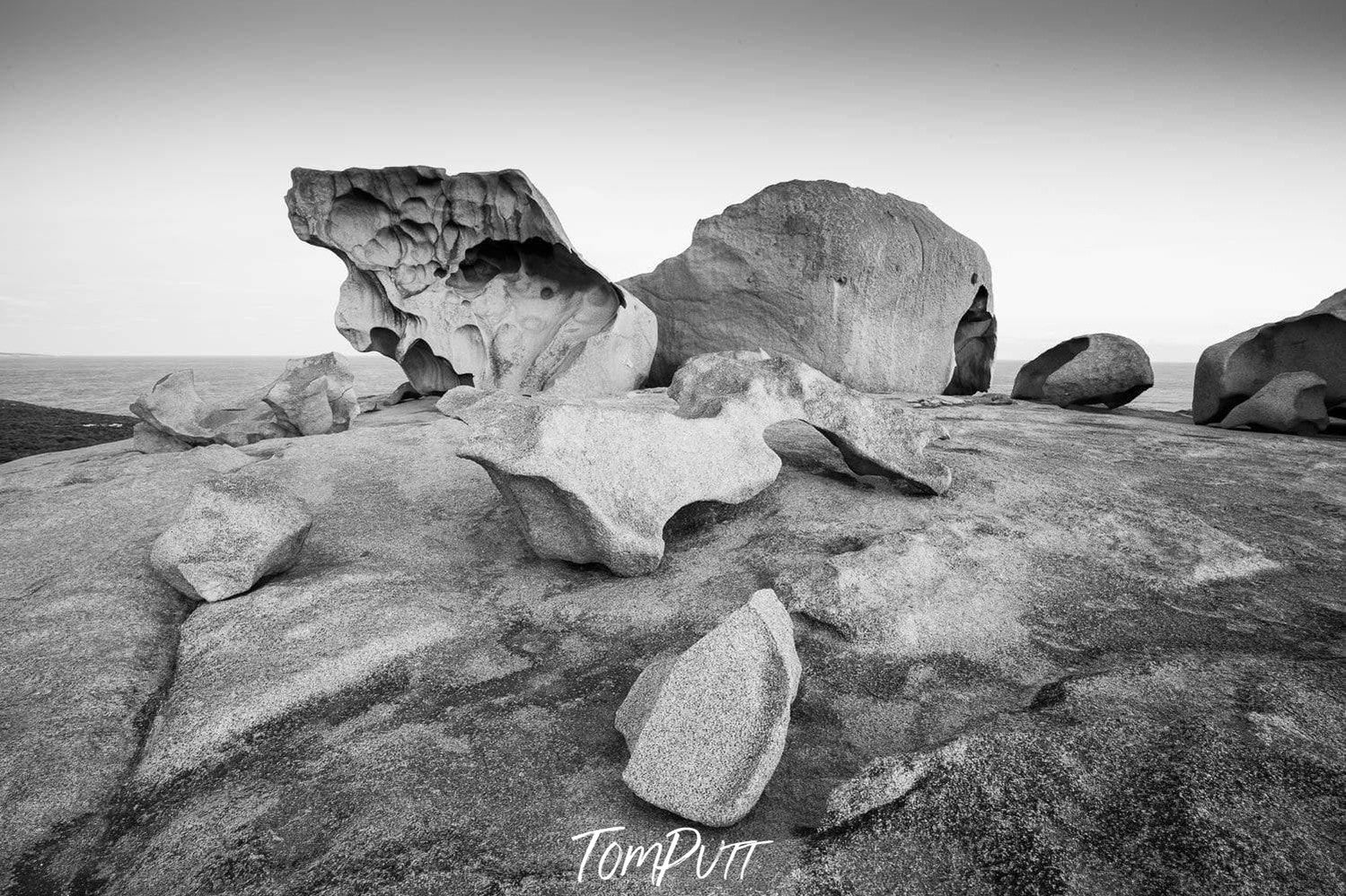 A black and white view of weirdly shaped rocks with some stones over, Remarkable Rocks #19 - Kangaroo Island SA