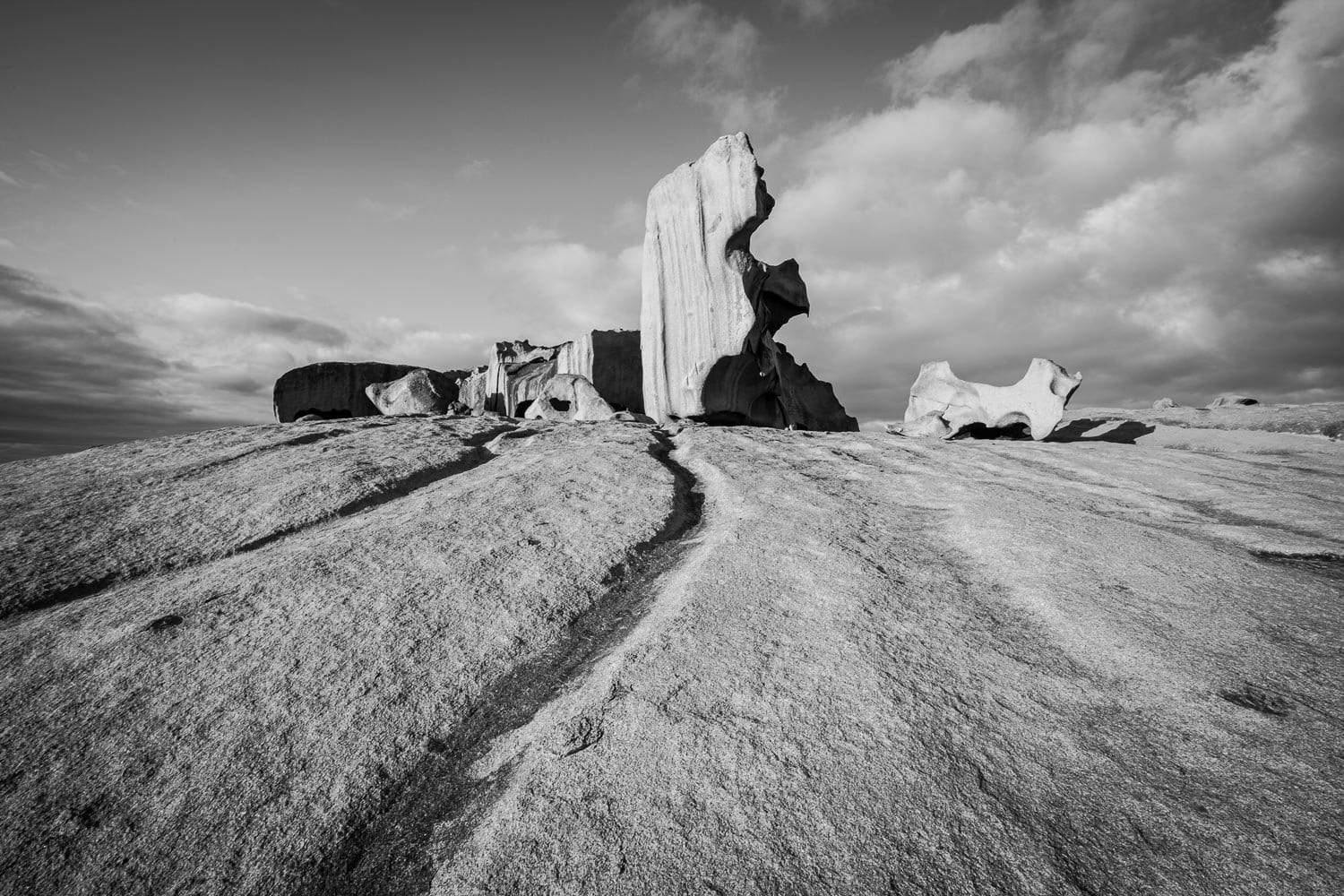 A black and white view of land with some standing sculpture of rocks, Remarkable Rocks #21 - Kangaroo Island SA