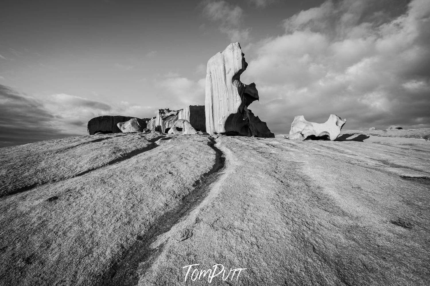 A black and white view of land with some standing sculpture of rocks, Remarkable Rocks #21 - Kangaroo Island SA