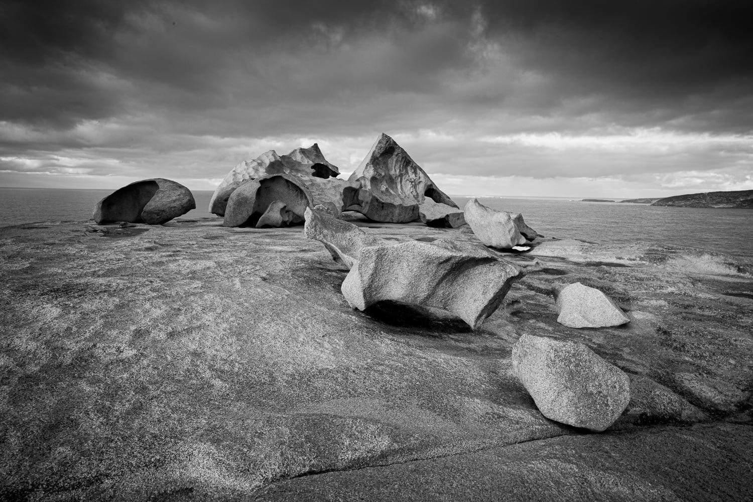 A black and white view of land with some stones and rocks, Remarkable Rocks #22 - Kangaroo Island SA