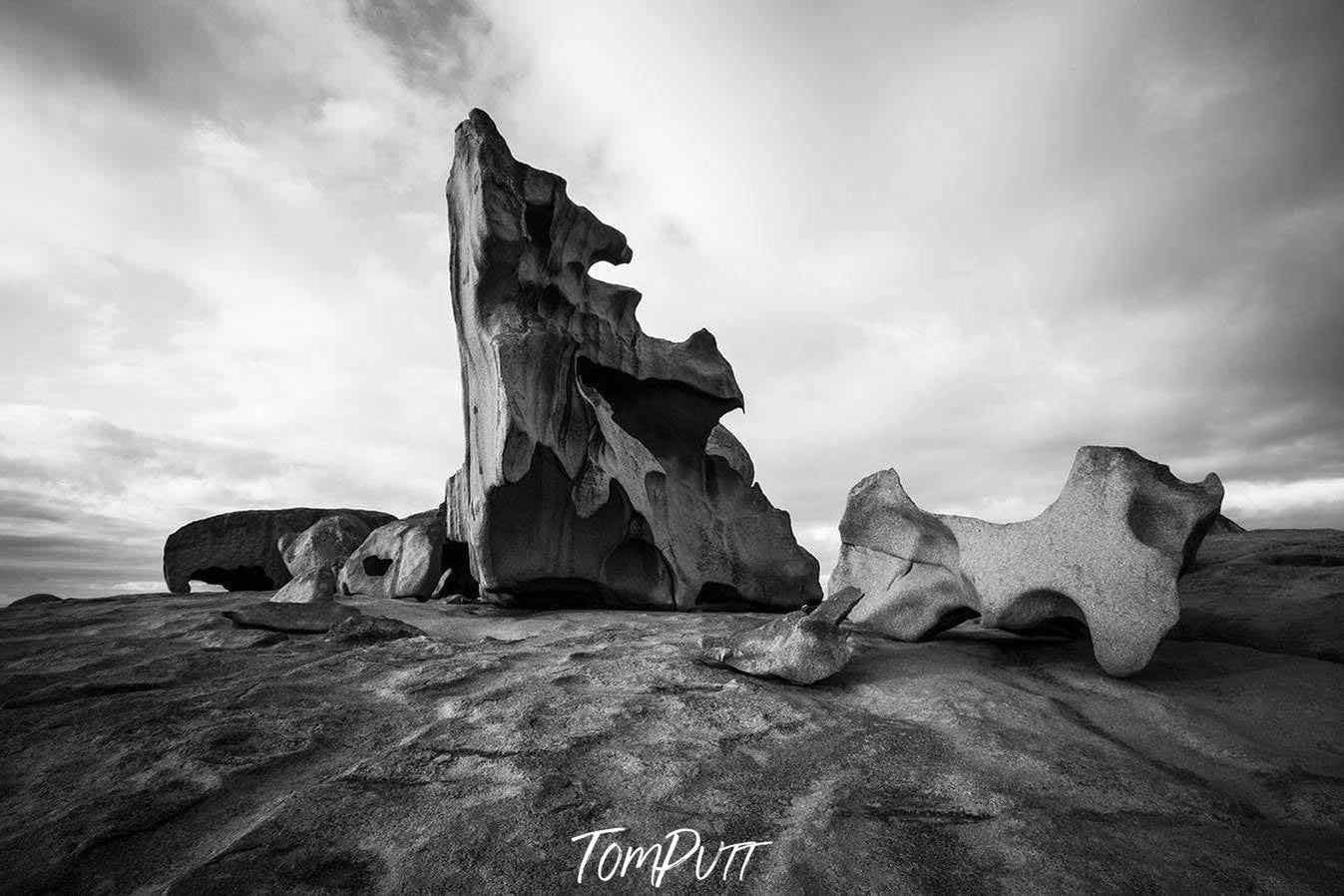 A black and white view of land with some stony mountains behind, Remarkable Rocks #25 - Kangaroo Island SA