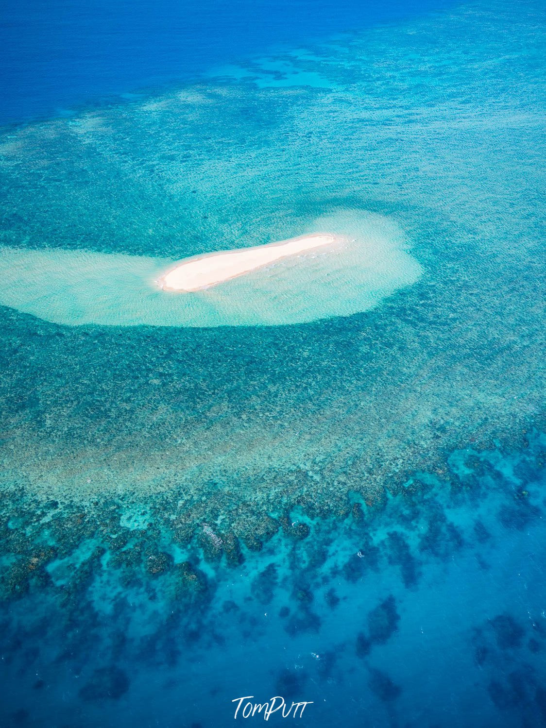 Aerial view of the large sea with greenery underwater, Remote Sandy Cay, Far North Queensland