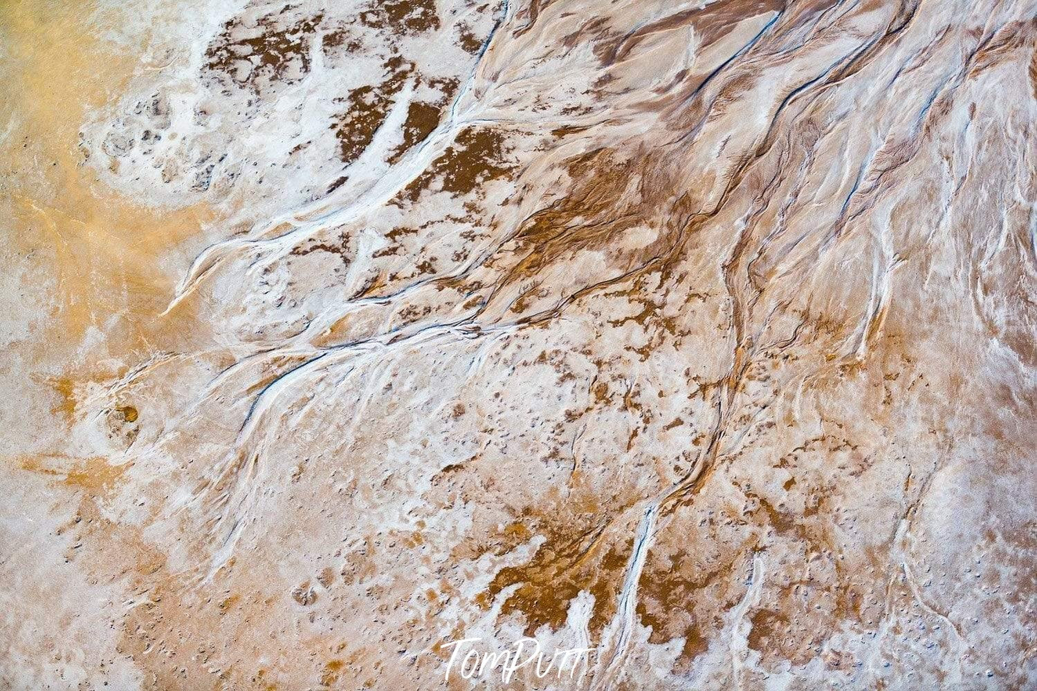 Aerial view of a big mustard-color land with white leaf-like textures, River Patterns