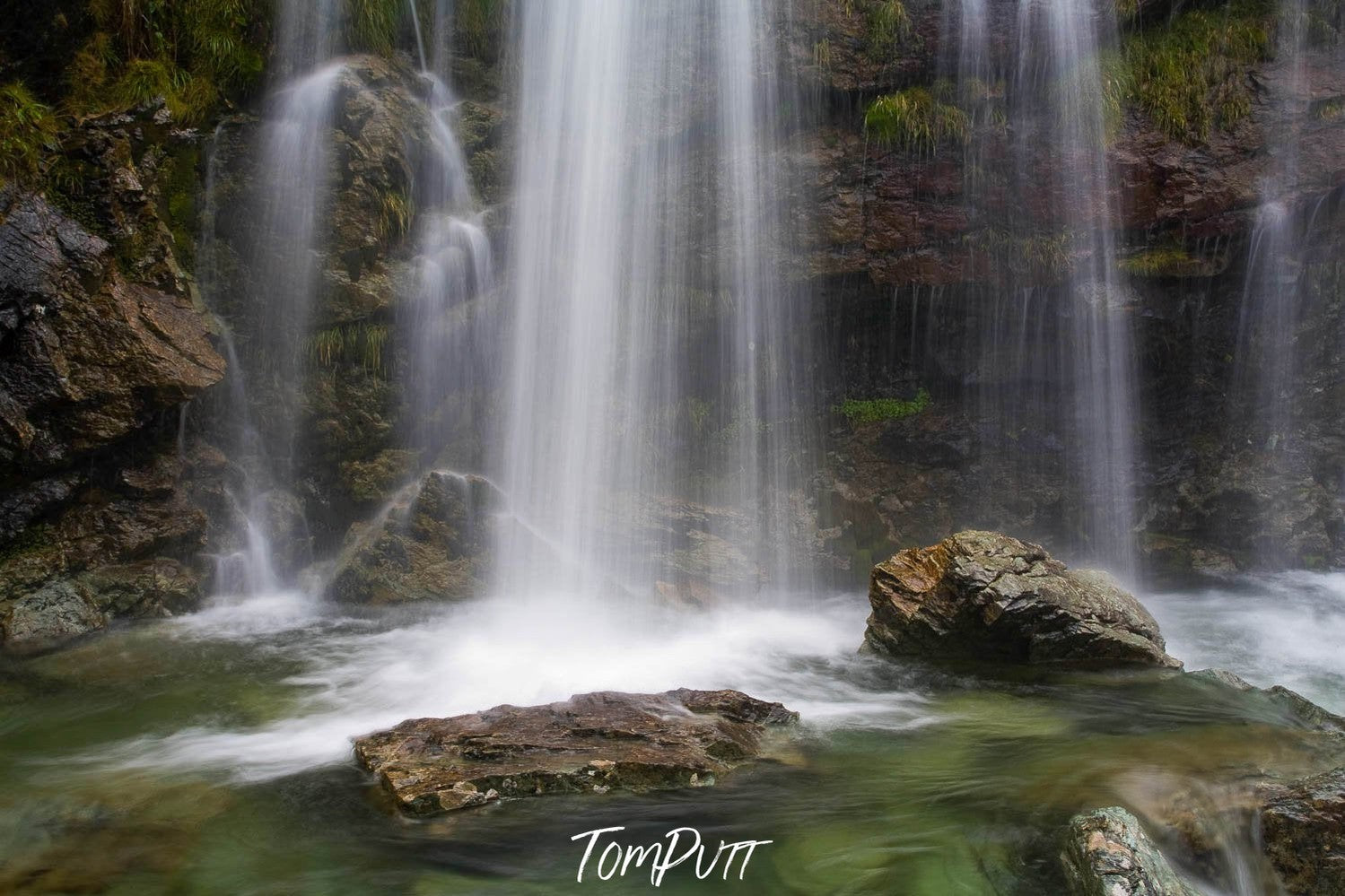 Nested waterfalls from a green mound, Routeburn Falls abstract, Routeburn Track - New Zealand