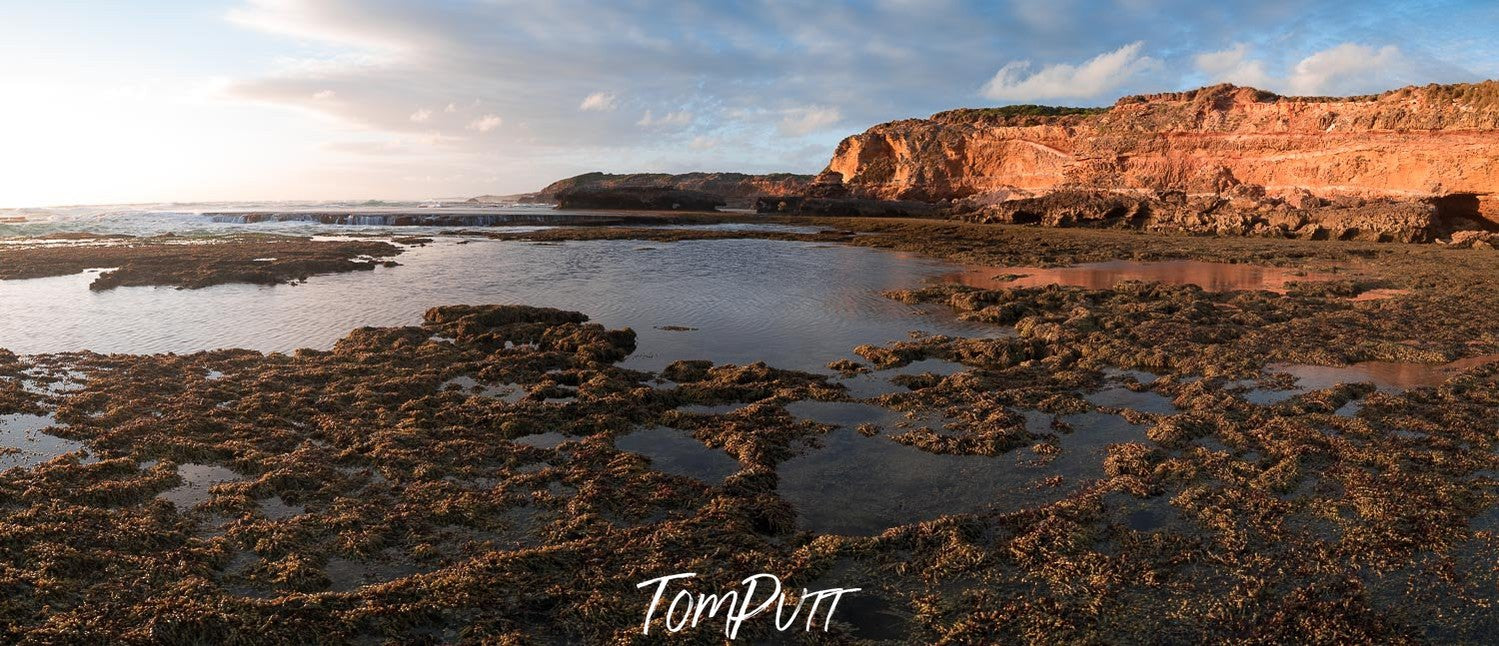 A sea with wild oceanic rocks and grass over, and a long mountain wall behind, Rye Rock Shelf at sunset - Mornington Peninsula VIC