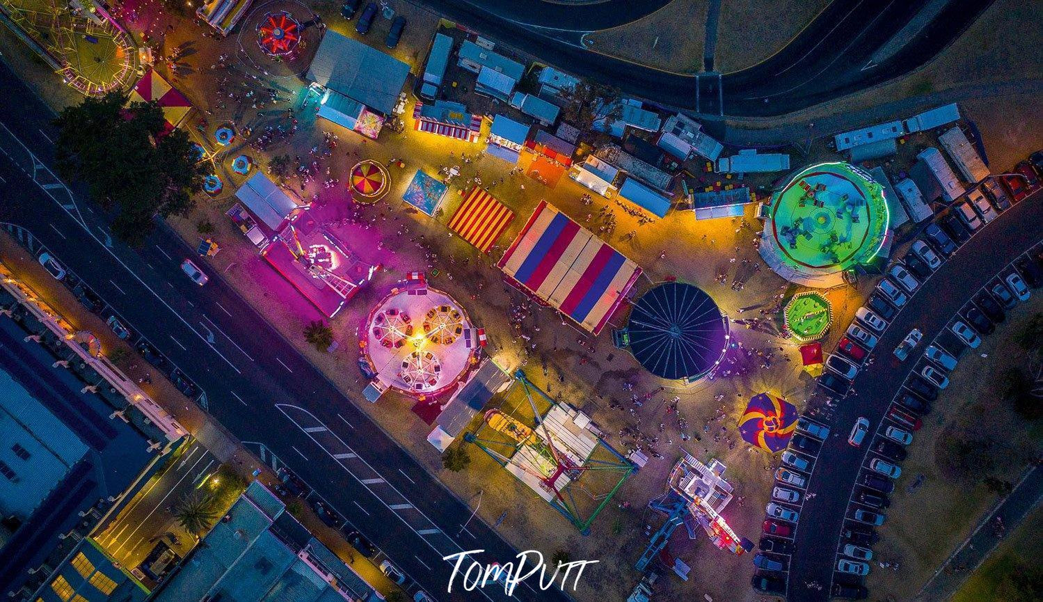 Aerial view of a colorful festival, Rye Summer Carnival - Mornington Peninsula VIC