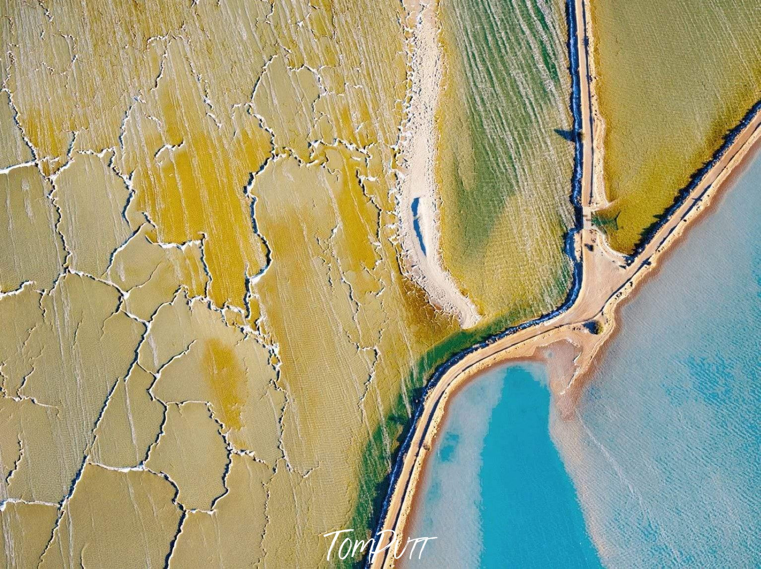 A large green earthy texture with sky blue water separated by brown lines, Salt Encrusted