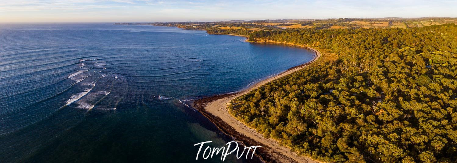 Aerial view of a sea corner with a giant green mountain line, Shoreham Bay - Mornington Peninsula VIC