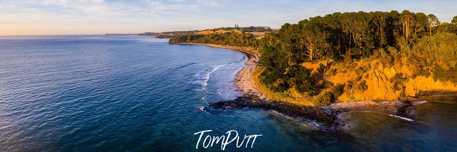 Aerial view of a sea corner with a giant green mountain line, Shoreham Beach - Mornington Peninsula VIC