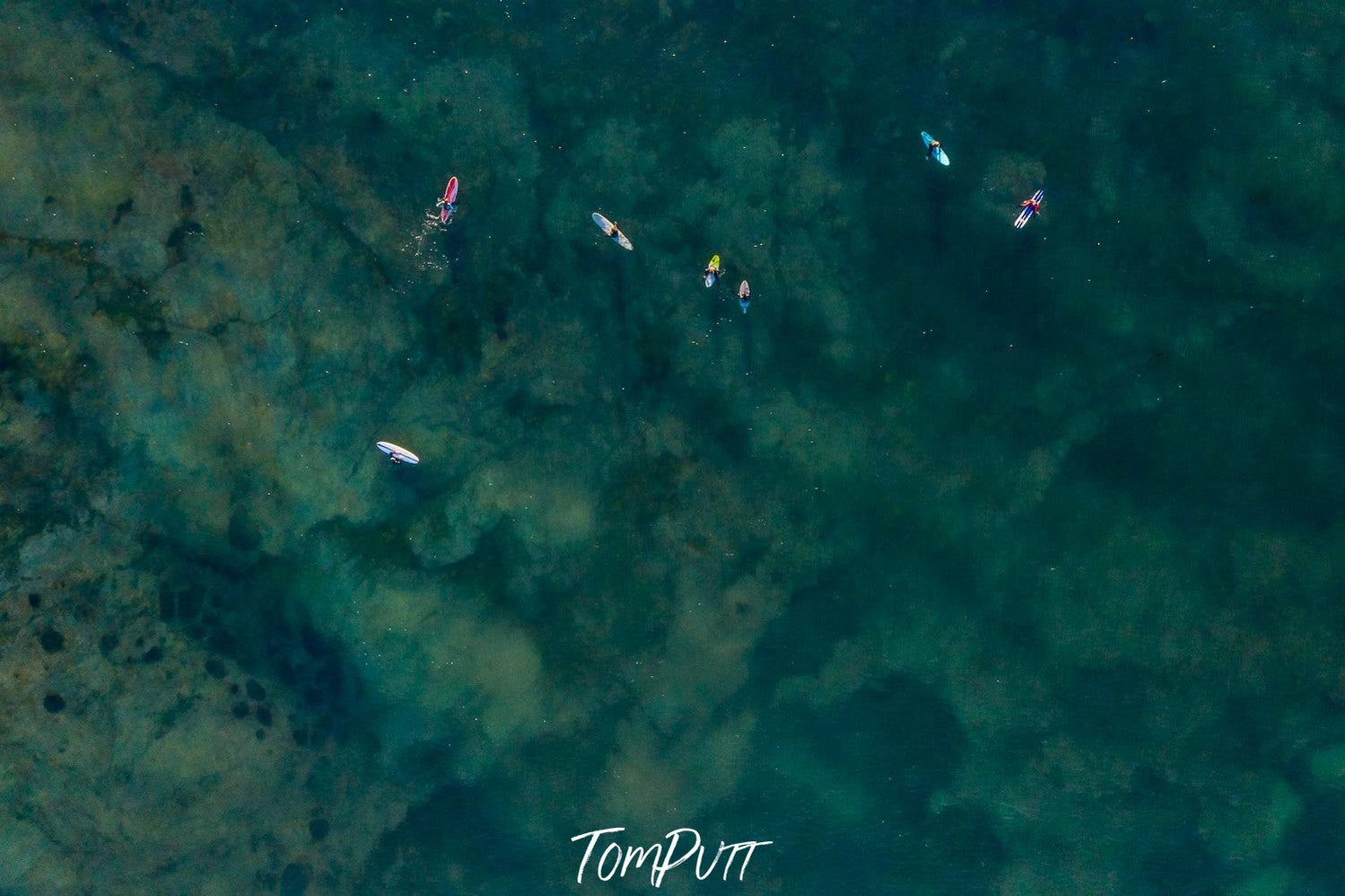 Aerial view of a dark sea-green ocean with some boats over, Shoreham Surfers - Mornington Peninsula