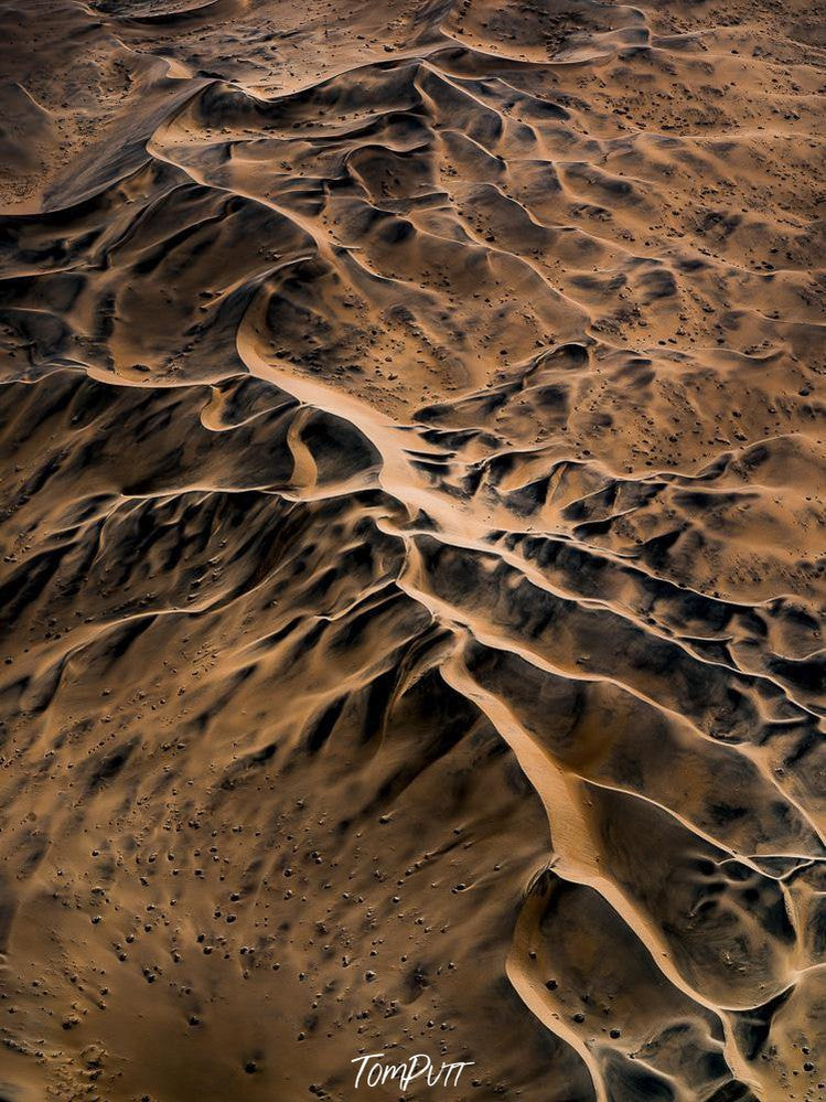 Aerial view of a desert with dark sand waves, Skeleton Dunes Unique Art work