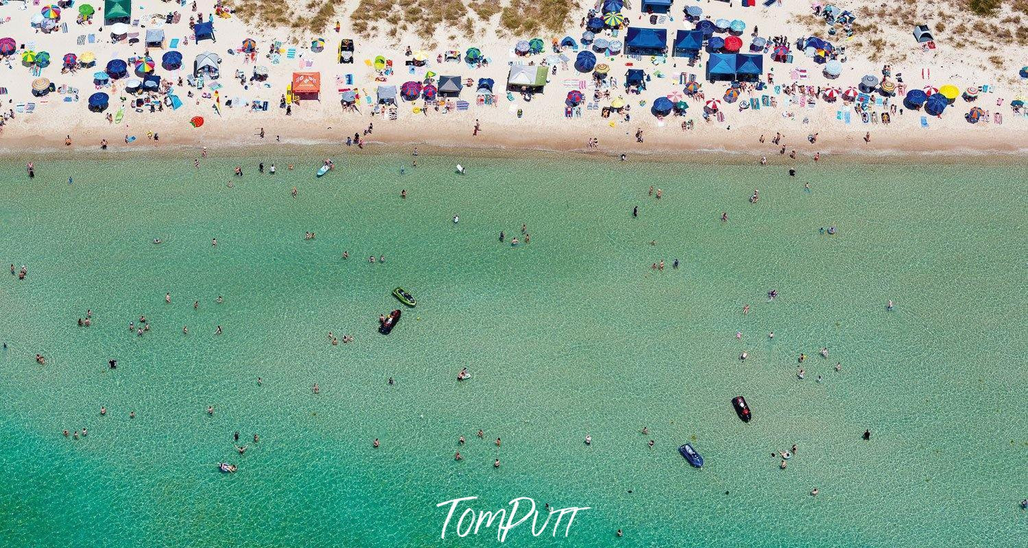 Aerial view of a busy beach with people maintaining social distance, Social Distancing - ALMOST! - Mornington Peninsula VIC