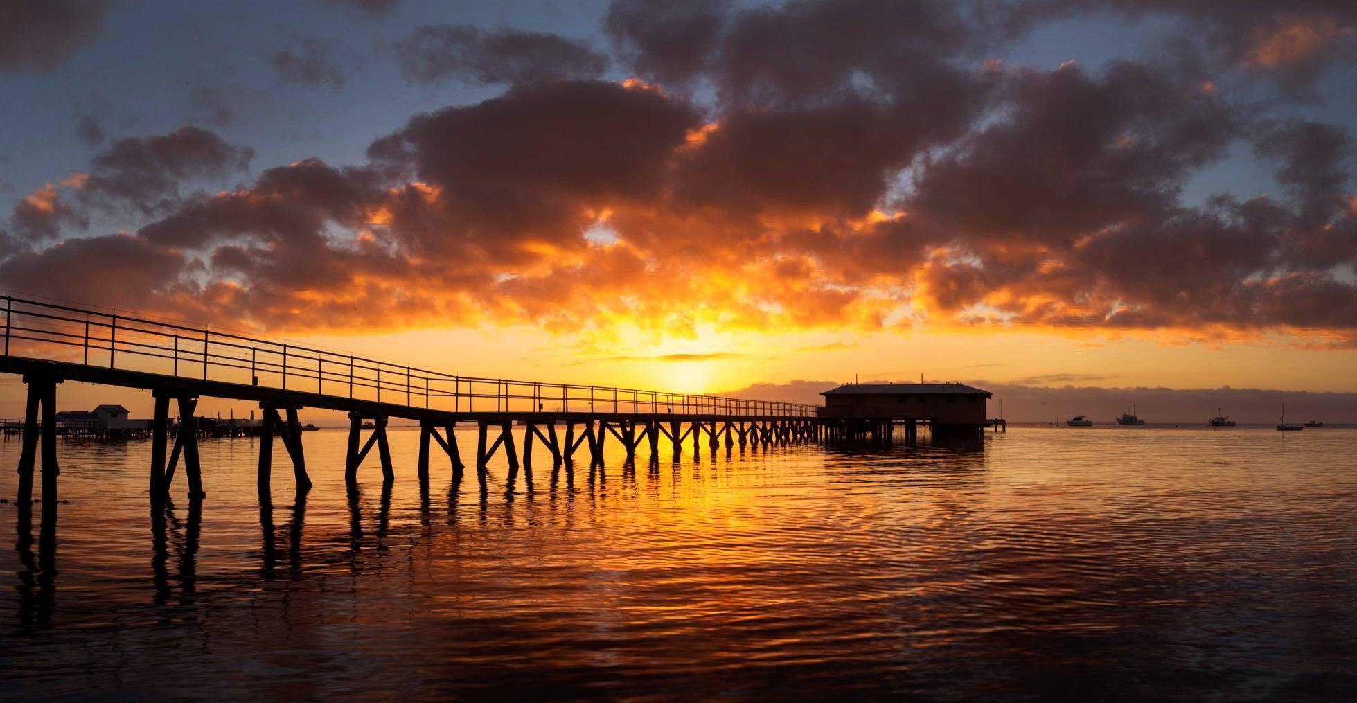 A long bridge over the lake, and a dark orange sunset effect, Sorrento Dawn - Mornington Peninsula VIC