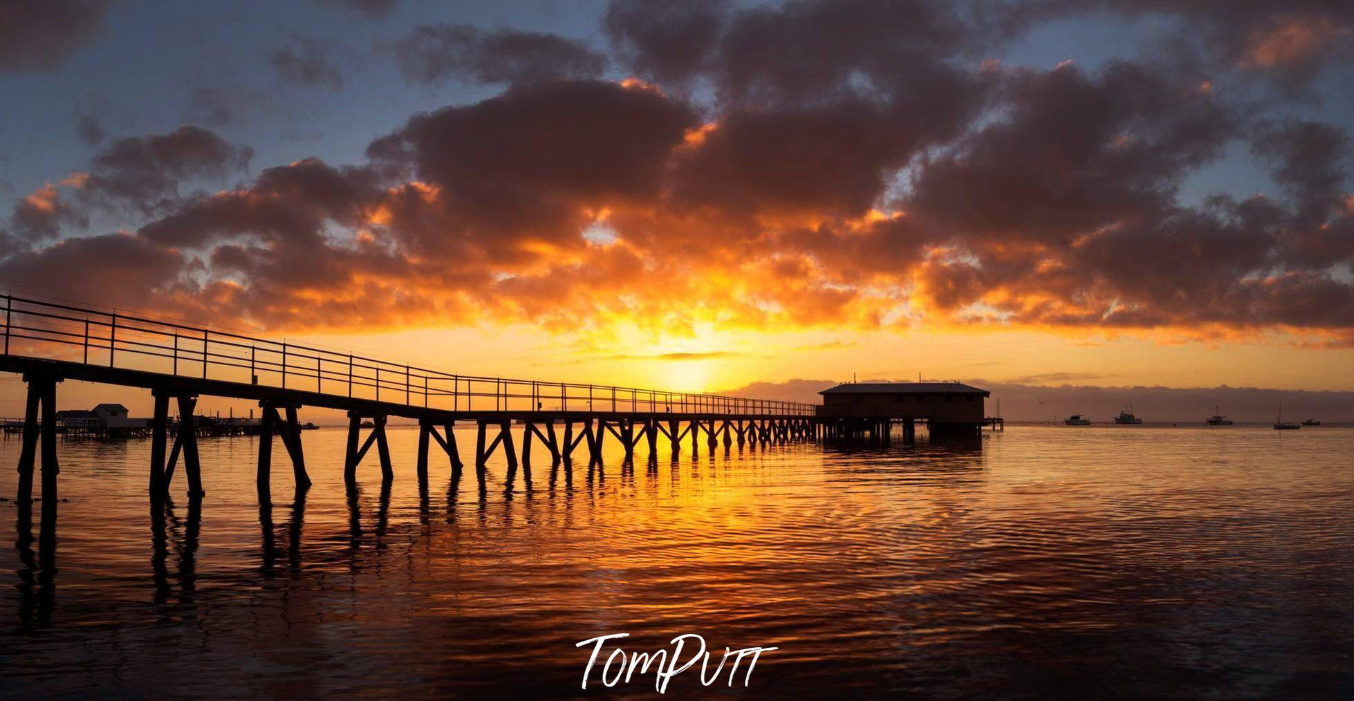 A long bridge over the lake, and a dark orange sunset effect, Sorrento Dawn - Mornington Peninsula VIC