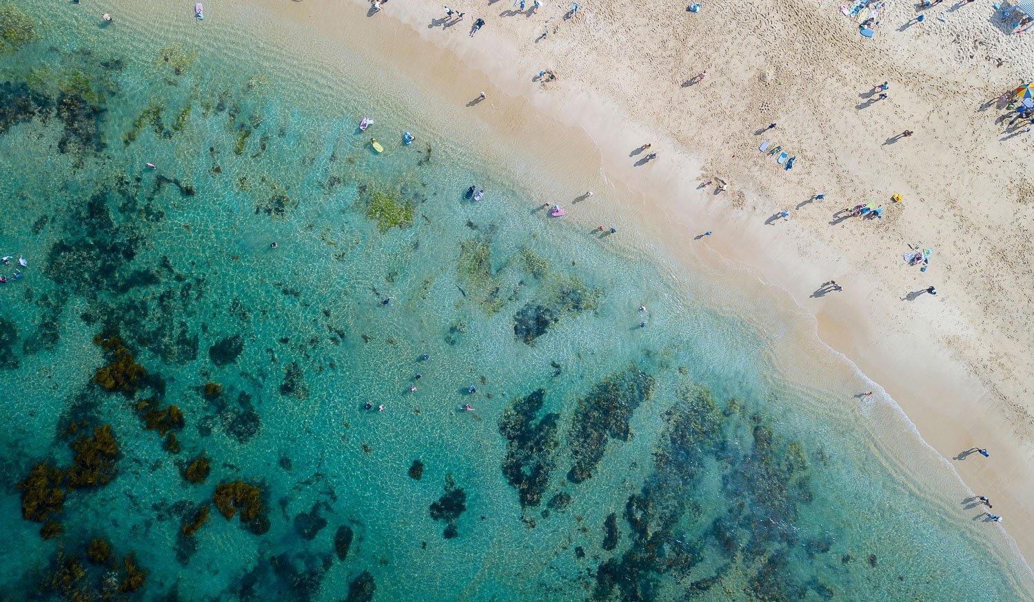 Aerial view of a beach with sea green water and a lot of people enjoying, Sorrento Shadows - Mornington Peninsula VIC