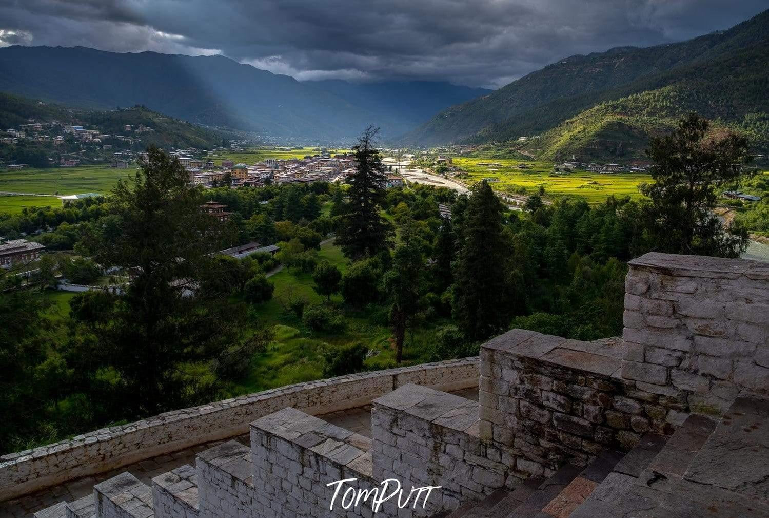 Beautiful green village under shadows, Sunlight on Paro, Bhutan