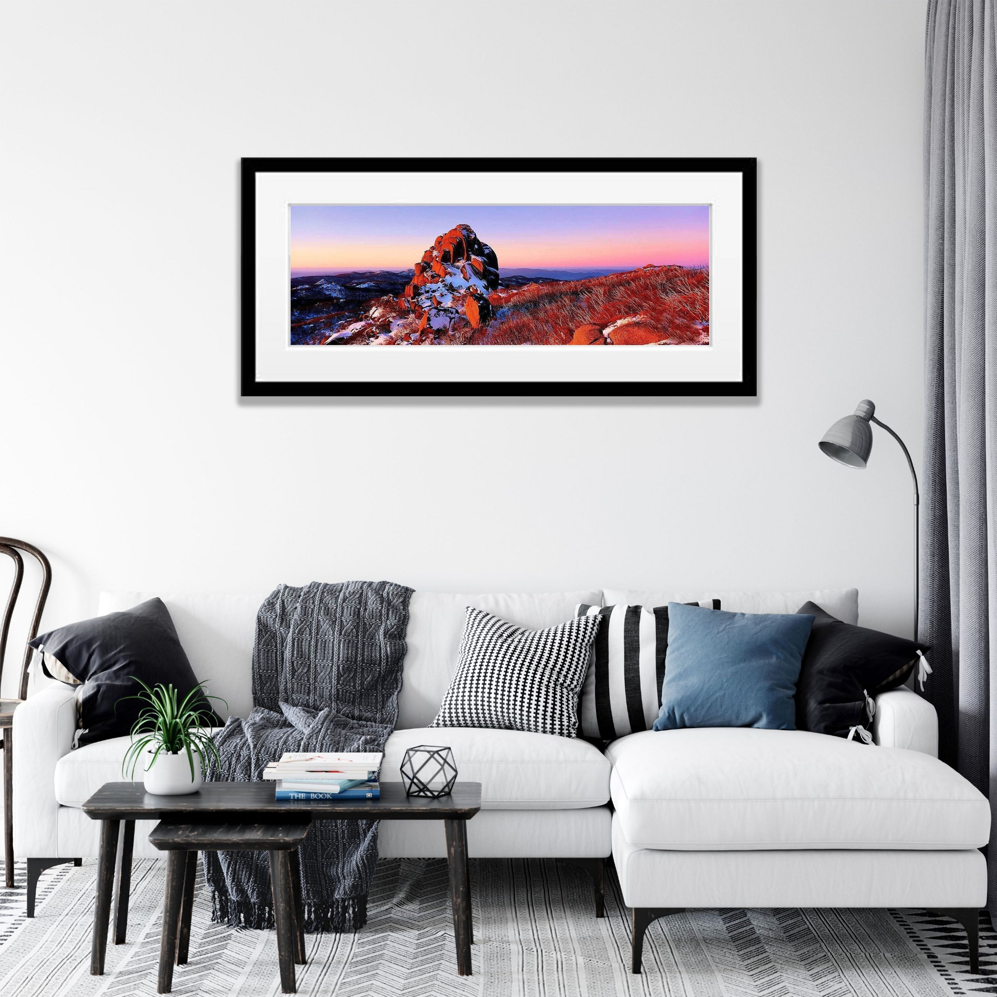 ARTWORK INSTOCK - The Cathedral Sunset, Mount Buffalo VIC - 150 x 50cms Black Framed Canvas Print