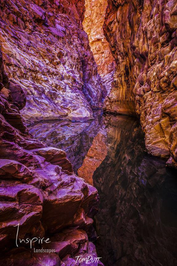 A small lake under the deep of long orange mountain walls, The Journey, Redbank Gorge - West Macdonnell Ranges, NT