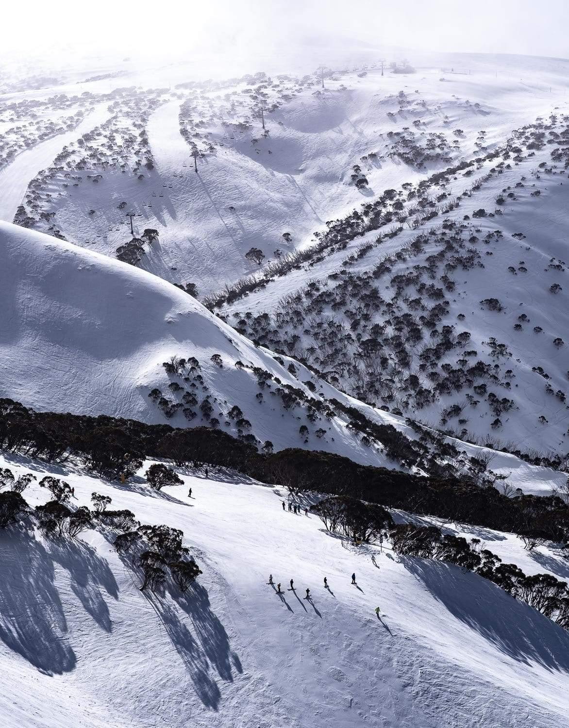 Aerial view of huge mountain walls covered with snow, The Orchard Mt Hotham Art