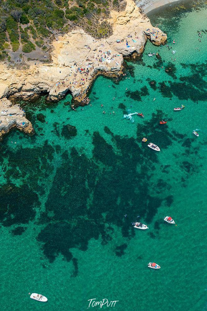 Aerial view of green sea with many boats, The Pillars, Mt Martha - Mornington Peninsula VIC