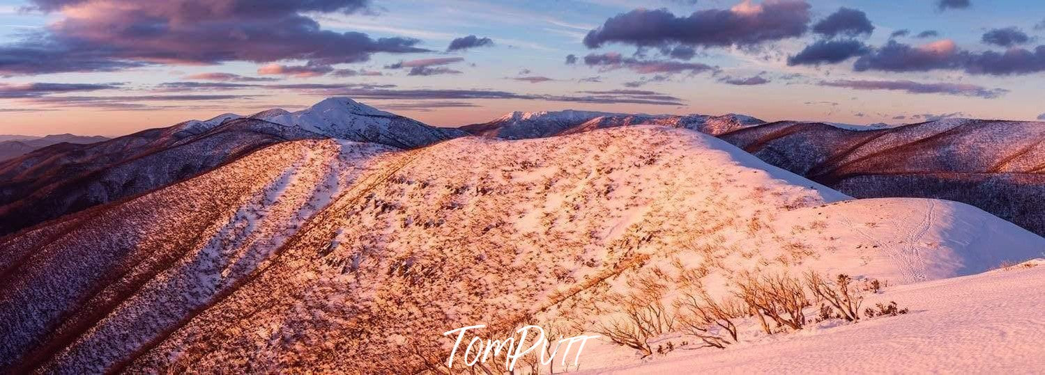 Aerial view of long desert mountain lines, The Razorback and Mt Feathertop Sunset, Victorian High Country 