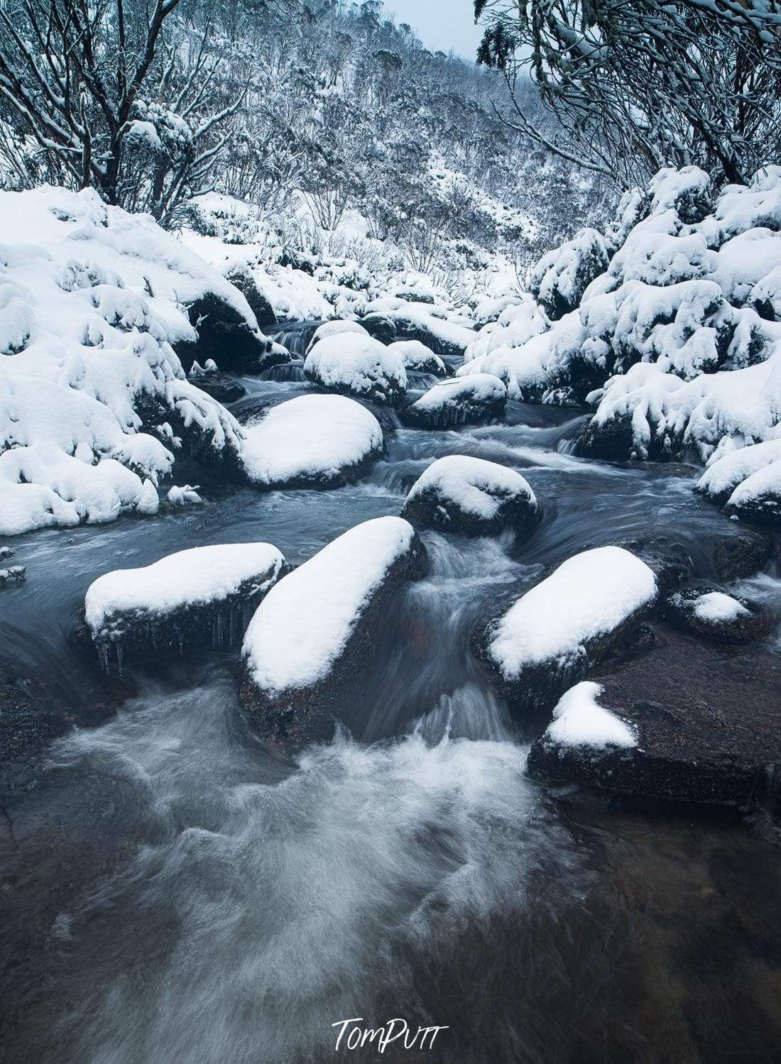 A watercourse with a lot of stones and fresh snow on them, Thredbo Stream - Snowy Mountains NSW