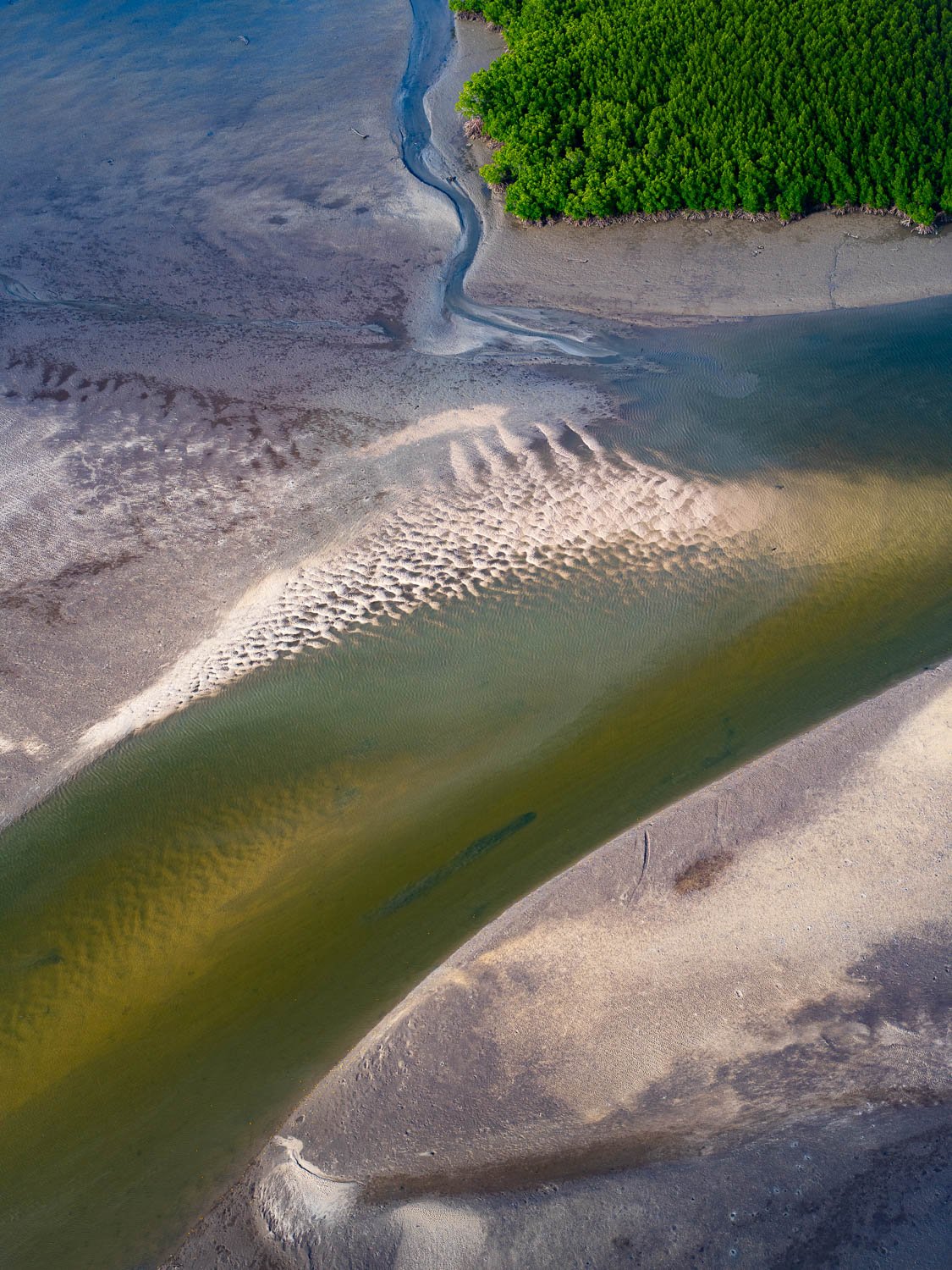 Aerial view of a green water stream with powder-color sand around, Tidal Patterns from above Far North Queensland