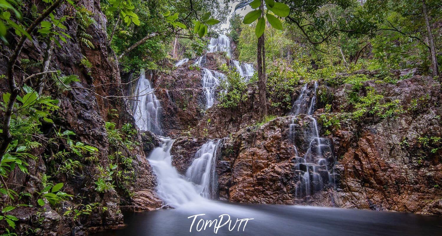 Beautiful group of mini waterfalls coming from far away and connecting in a small watercourse with fresh plants and small trees in the surroundings, Arnhem Land 28 - Northern Territory 