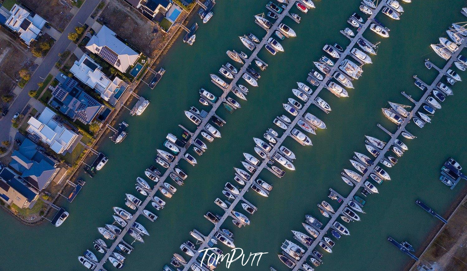 Aerial view of the coast of the green sea with a lot of boats, Tucked Away, Martha Cove - Mornington Peninsula VIC