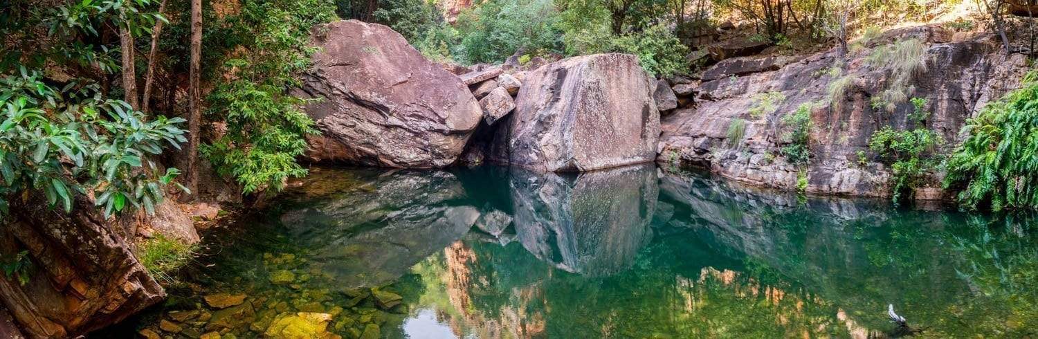 A small lake surrounded by plants and trees, and rocky walls around, Turquoise Pool - The Kimberley, WA