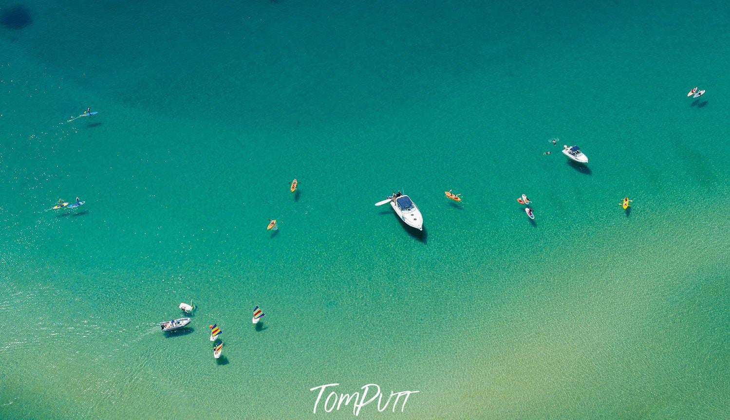 Aerial view of the green ocean with some boats floating over, Turquoise Shadows - Mornington Peninsula VIC Printed