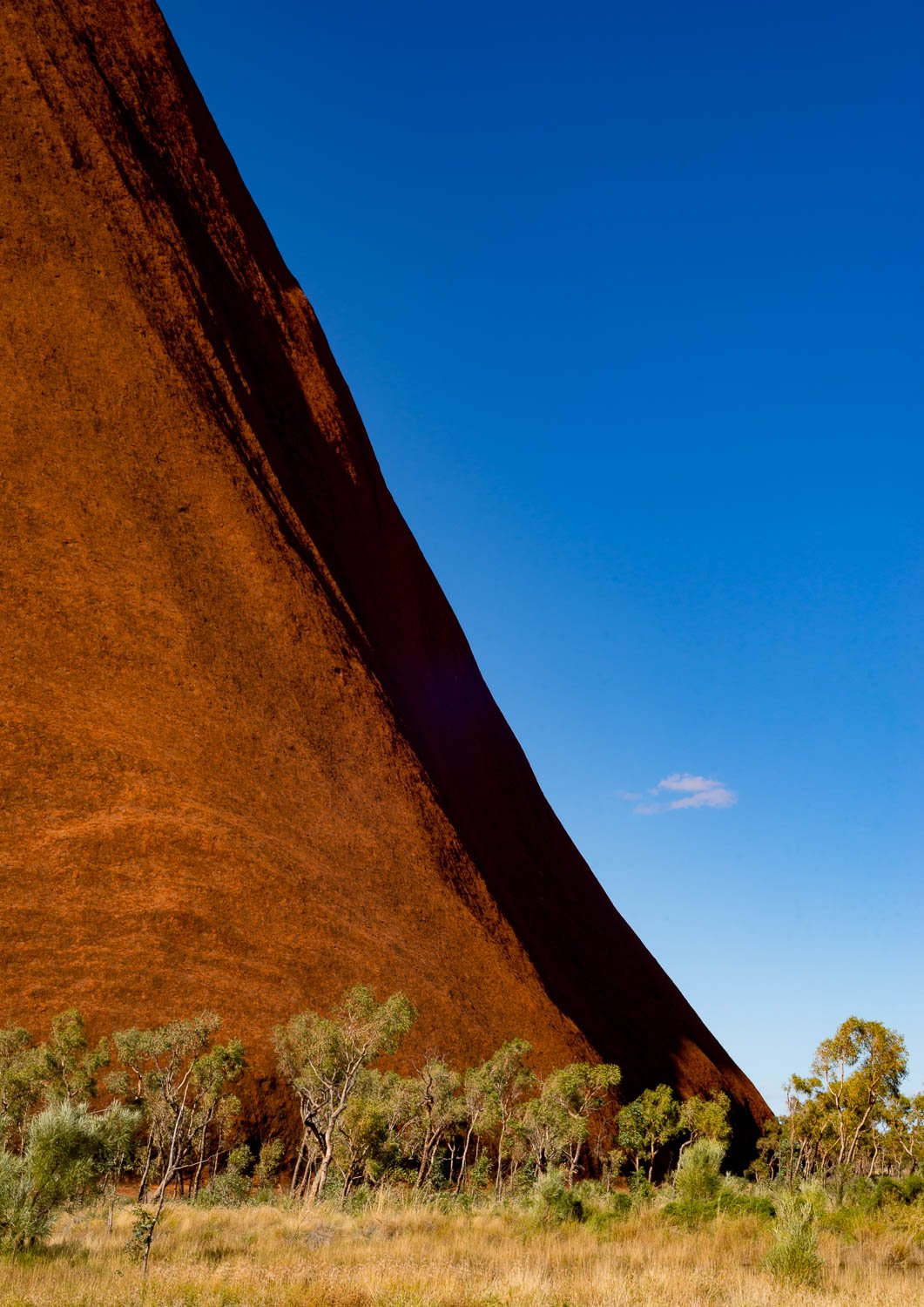 A pyramid-like high mountain wall with some plants on the base, Uluru Curves - Northern Territory