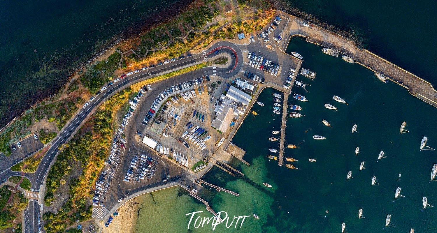 A long-shot aerial view of a seaport with a lot boats, View from Above - Mornington Peninsula VIC