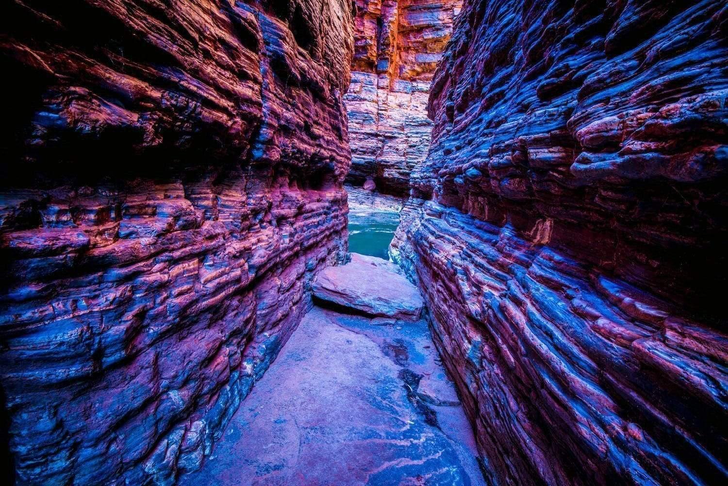 Inside of Dark blue shades of stony mountain walls, Weano Chasm - Karijini, The Pilbara