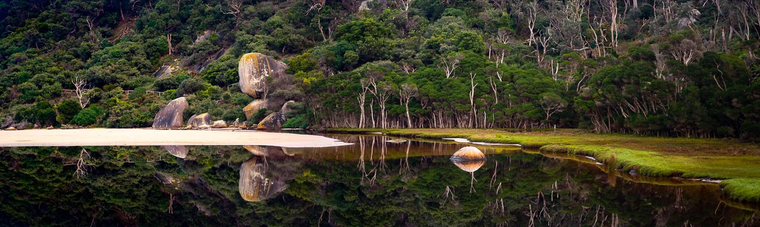 A landscape of a small lake with greenery around and the clear reflections in the water, Wilson's Promontory #22
