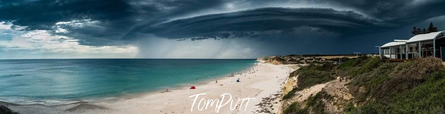 A landscape of a beach with black stormy clouds over, Willunga Storm SA Print