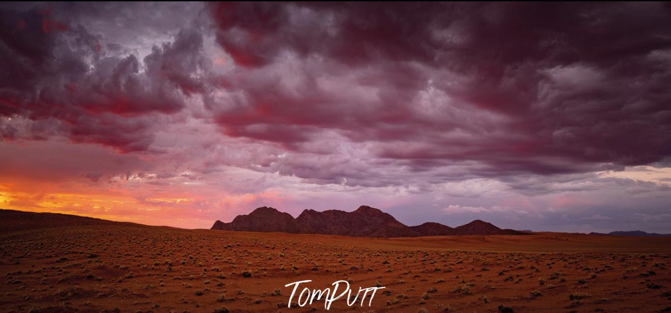 A long desert with golden sunlight effect, and a big golden mountain behind, Wolwedans Summer Storm - Namibia, Africa