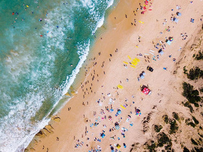 Aerial view of a sunny day on the beach with a lot of people, Yellow Boards, Mornington Peninsula, VIC